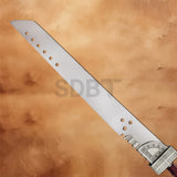 Close-up of the Zack Buster Sword Replica highlighting the oversized steel blade with iconic circular cutouts inspired by the legendary Final Fantasy weapon.