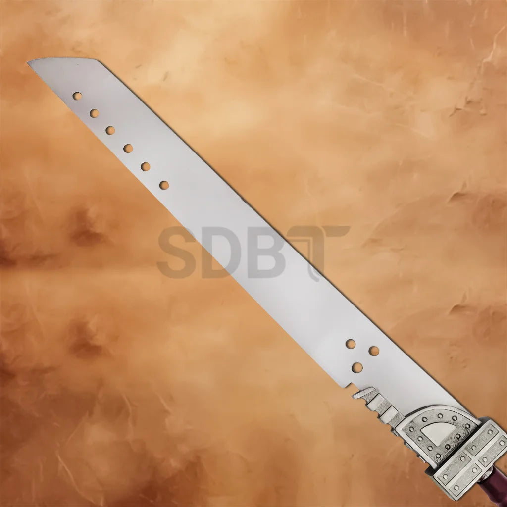 Close-up of the Zack Buster Sword Replica highlighting the oversized steel blade with iconic circular cutouts inspired by the legendary Final Fantasy weapon.