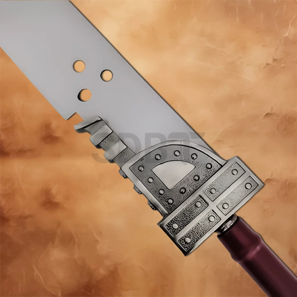 Detailed view of the Zack Buster Sword Replica featuring the industrial-style metal guard, decorative rivets, and polished blade inspired by Final Fantasy.
