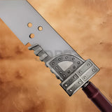 Detailed view of the Zack Buster Sword Replica featuring the industrial-style metal guard, decorative rivets, and polished blade inspired by Final Fantasy.