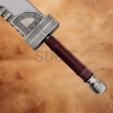 Close-up of the Zack Buster Sword Replica showcasing the maroon wrapped handle, metal pommel, and sturdy grip designed after the iconic Final Fantasy sword.