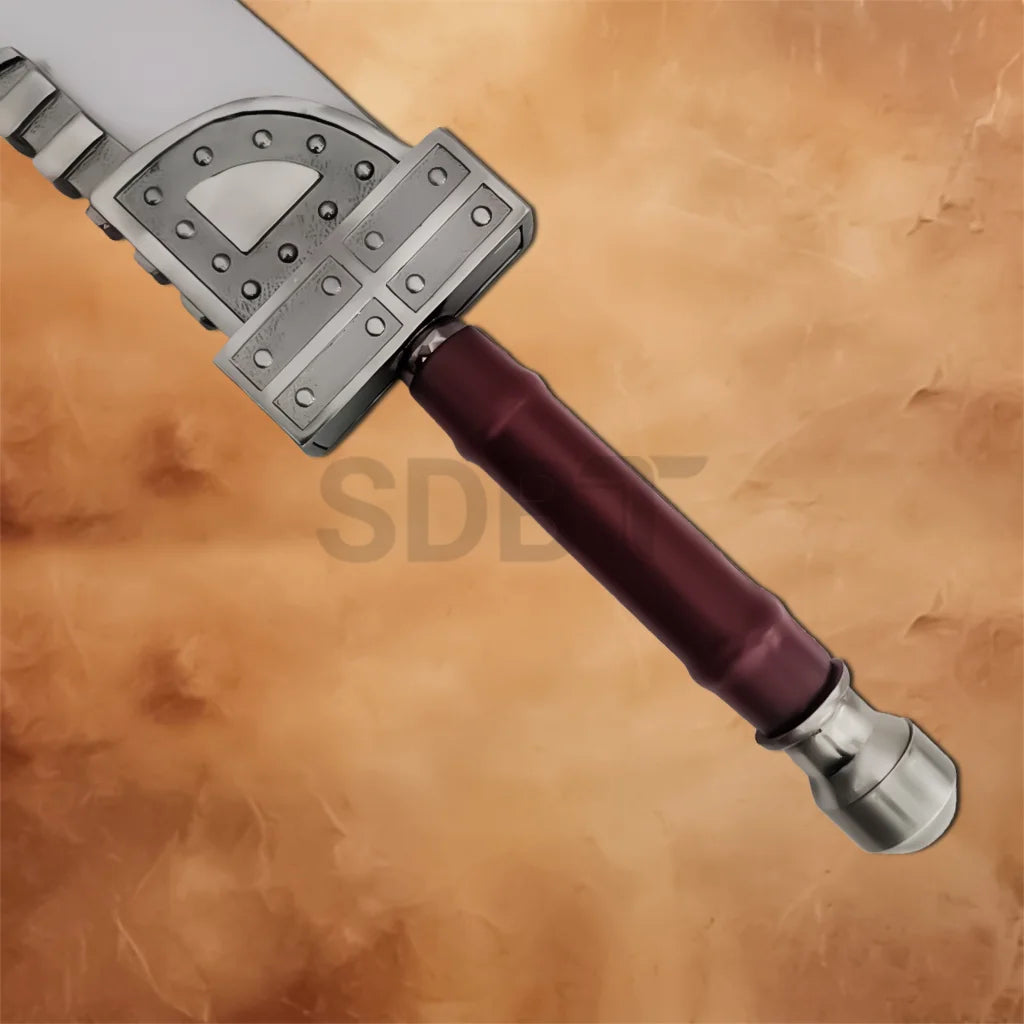 Close-up of the Zack Buster Sword Replica showcasing the maroon wrapped handle, metal pommel, and sturdy grip designed after the iconic Final Fantasy sword.