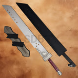 Complete Zack Buster 42 Inch Sword Replica set including the oversized steel blade, black sheath, wooden wall display plaque, and detailed handle inspired by Final Fantasy.